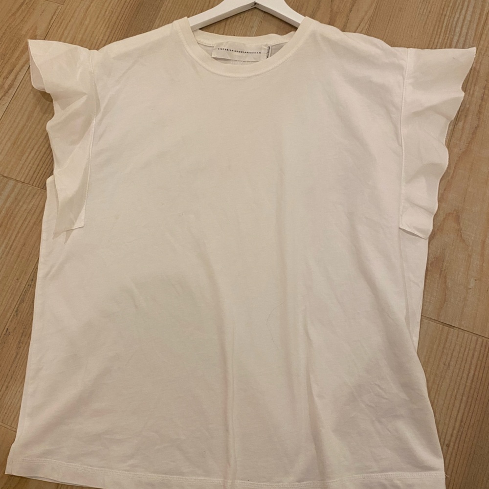 Victoria Beckham White Tee with Flutter Sleeves